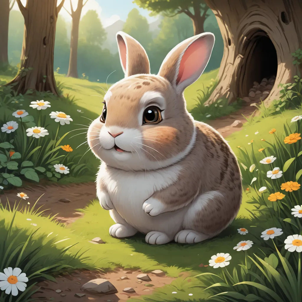 a rabbit sitting in the grass near a tree and flowers in a forest with a hole in the ground, furry art, a detailed painting, Chris LaBrooy, official art