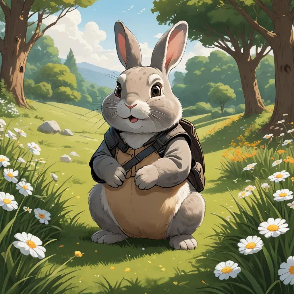 a rabbit with a backpack sitting in a field of flowers and trees, with a sky background and clouds, altermodern, a character portrait, Chris LaBrooy, magic the gathering artwork
