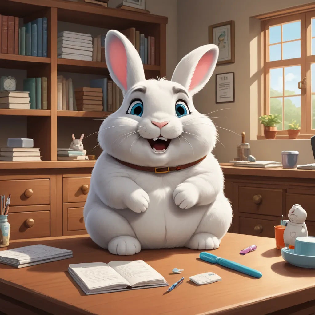 a white rabbit sitting on a desk with a book and pen in front of it and a laptop on the desk, furry art, a storybook illustration, Chris LaBrooy, rossdraws global illumination