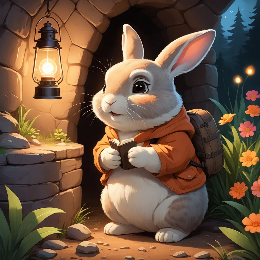 a rabbit is sitting in front of a stone tunnel with a lantern on it's side and a lantern hanging above it, fantasy art, a storybook illustration, Beatrix Potter, rossdraws global illumination