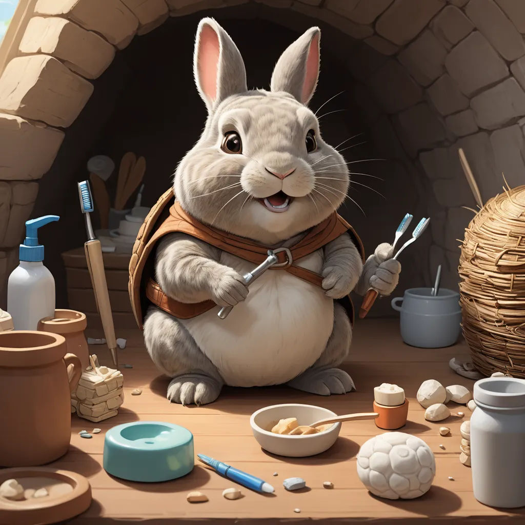 a rabbit is painting a picture of a rabbit in a room with a fireplace and other items on the table, fantasy art, a storybook illustration, Chris LaBrooy, rossdraws global illumination