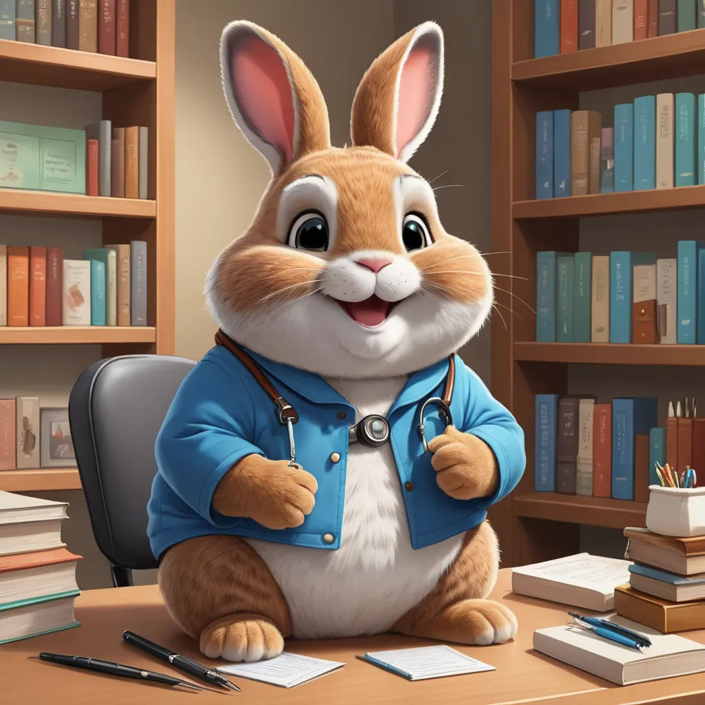 a cartoon rabbit sitting at a desk with books and a pen in his hand and a bookcase behind him, sots art, a character portrait, Chris LaBrooy, rossdraws global illumination