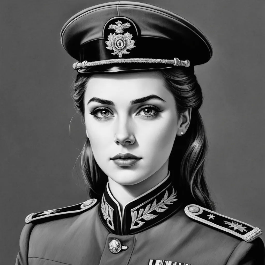 a drawing of a woman in a military uniform with a hat on her head and a cigarette in her mouth, hyperrealism, an ultrafine detailed painting, Artgerm, ultra realistic illustration