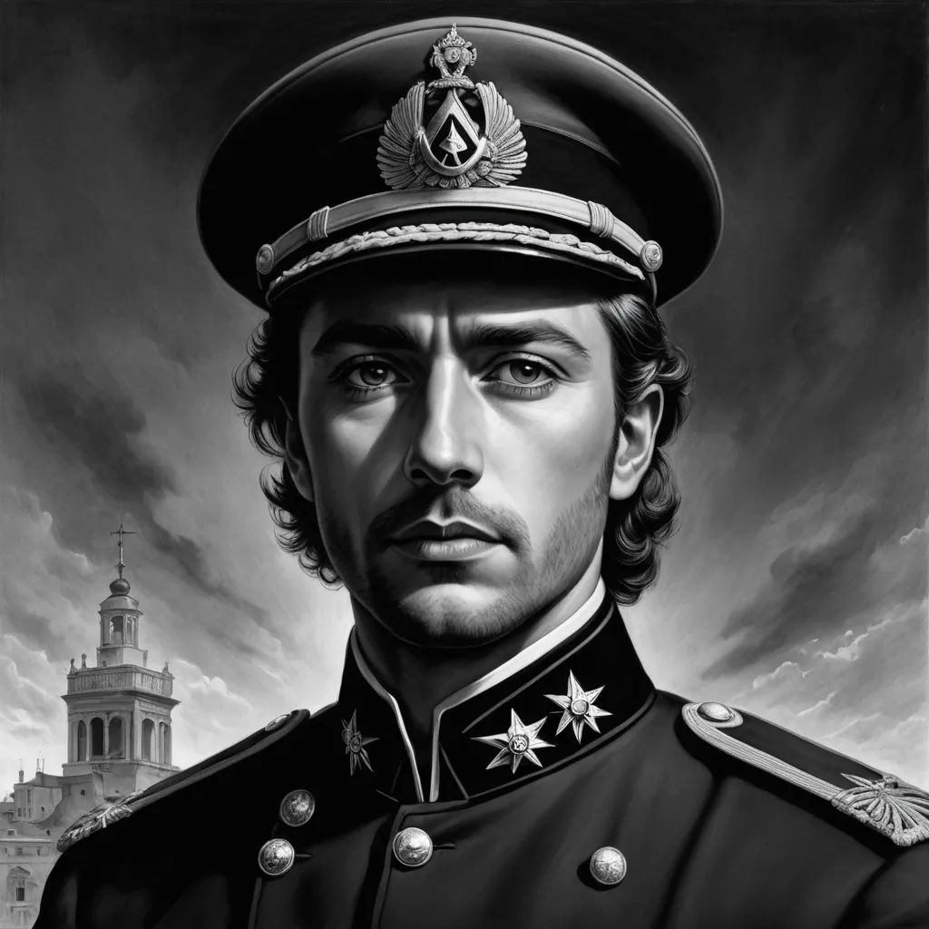 a man in uniform is looking at the camera with a building in the background and a clock tower in the distance, mannerism, an ultrafine detailed painting, Alejandro Burdisio, tom of finland