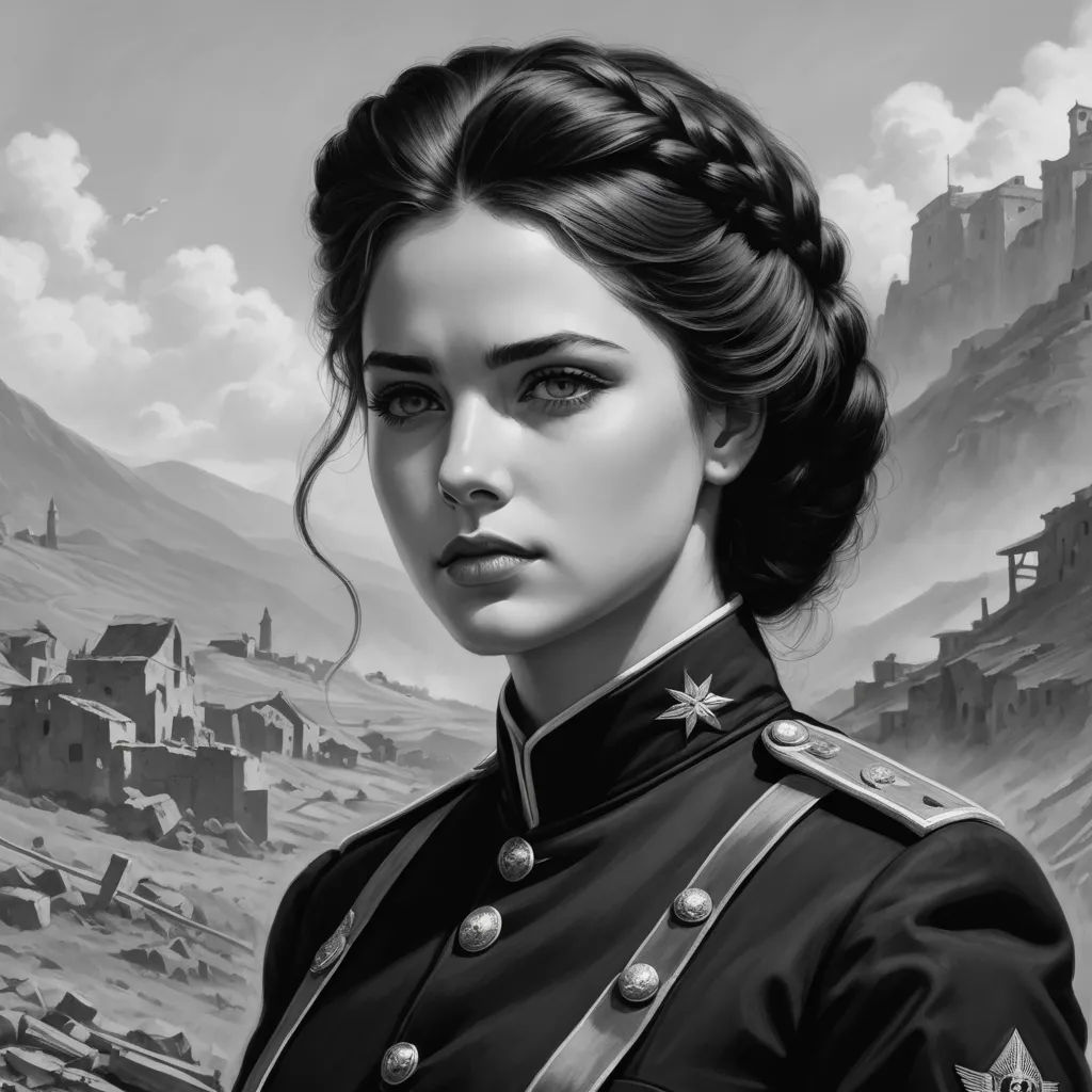 a woman in uniform standing in front of a castle and a mountain range with a castle in the background, fantasy art, an ultrafine detailed painting, Charlie Bowater, stanley artgerm lau