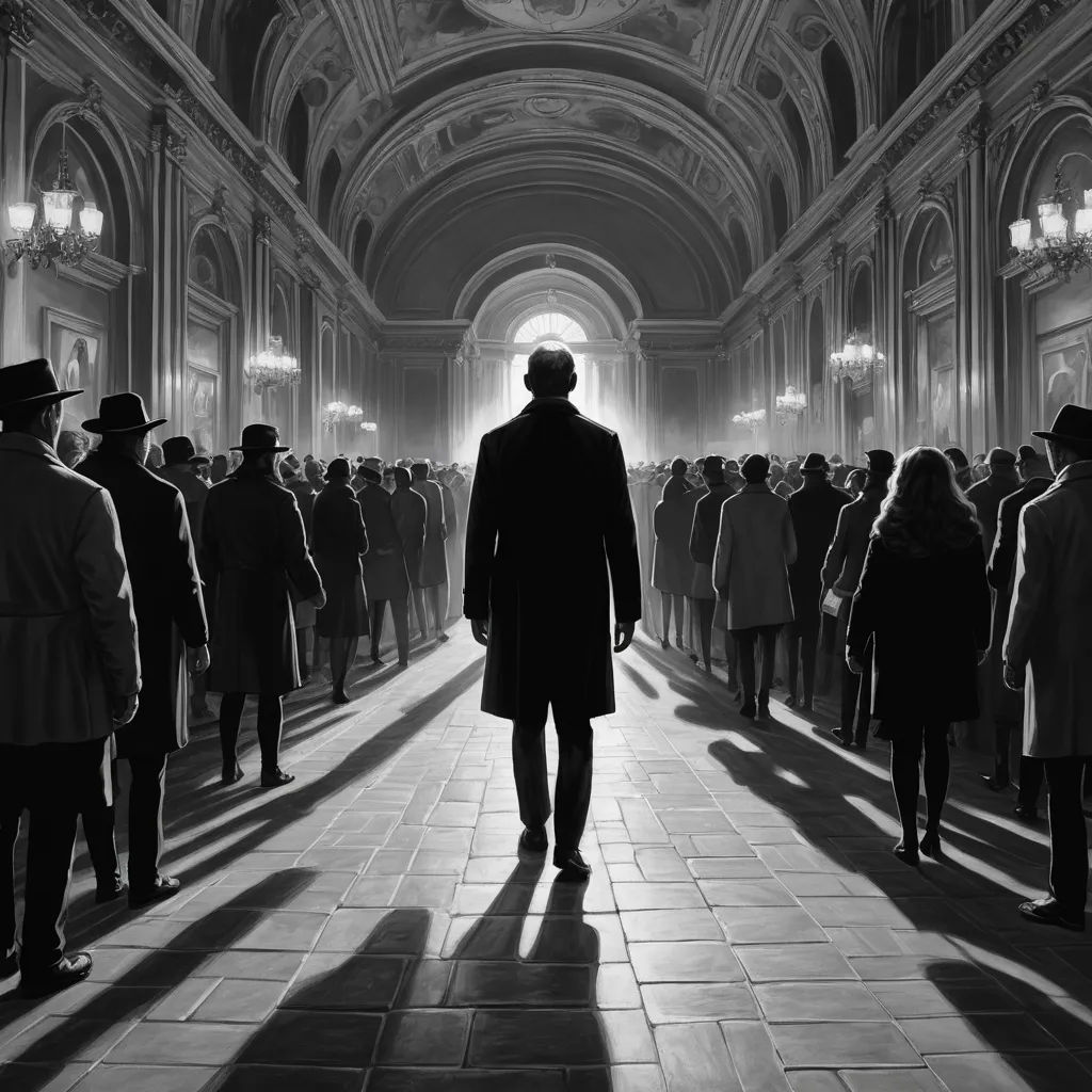 a man in a long coat and hat walking down a hallway with a lot of people in the background, fantastic realism, a matte painting, Colin Middleton, matte drawing