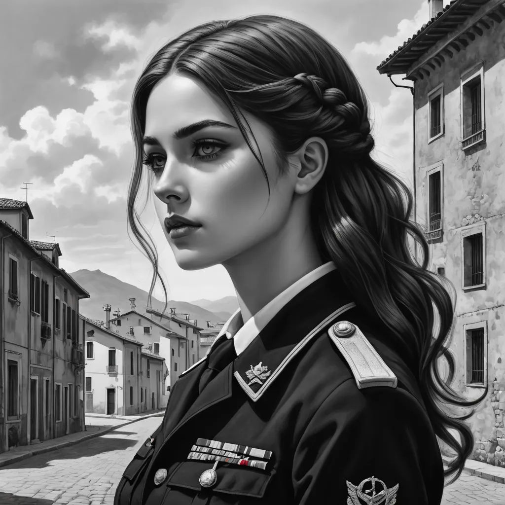 a woman in uniform standing in front of a building with a sky background and clouds above her head, in a black and white photo, fantasy art, an ultrafine detailed painting, Charlie Bowater, trending on art station