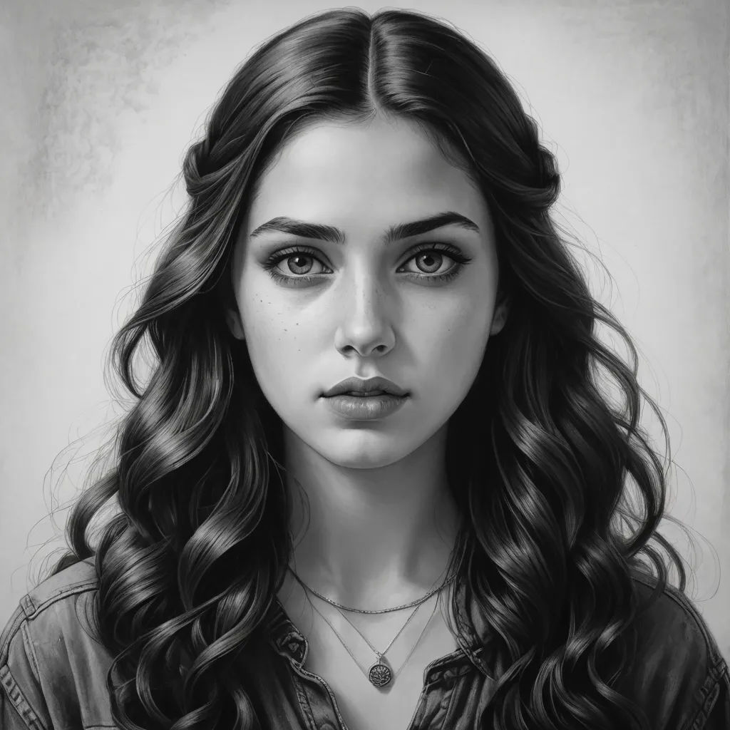 a drawing of a woman with long hair and a necklace on her neck, looking at the camera with a serious look on her face, photorealism, an ultrafine detailed painting, Charlie Bowater, photorealistic portrait