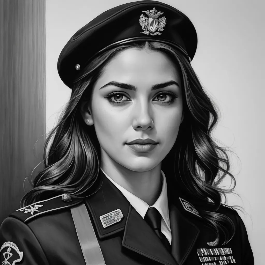 a drawing of a woman in uniform with long hair and a hat on her head, looking at the camera, photorealism, a photorealistic painting, Artgerm, highly detailed digital painting