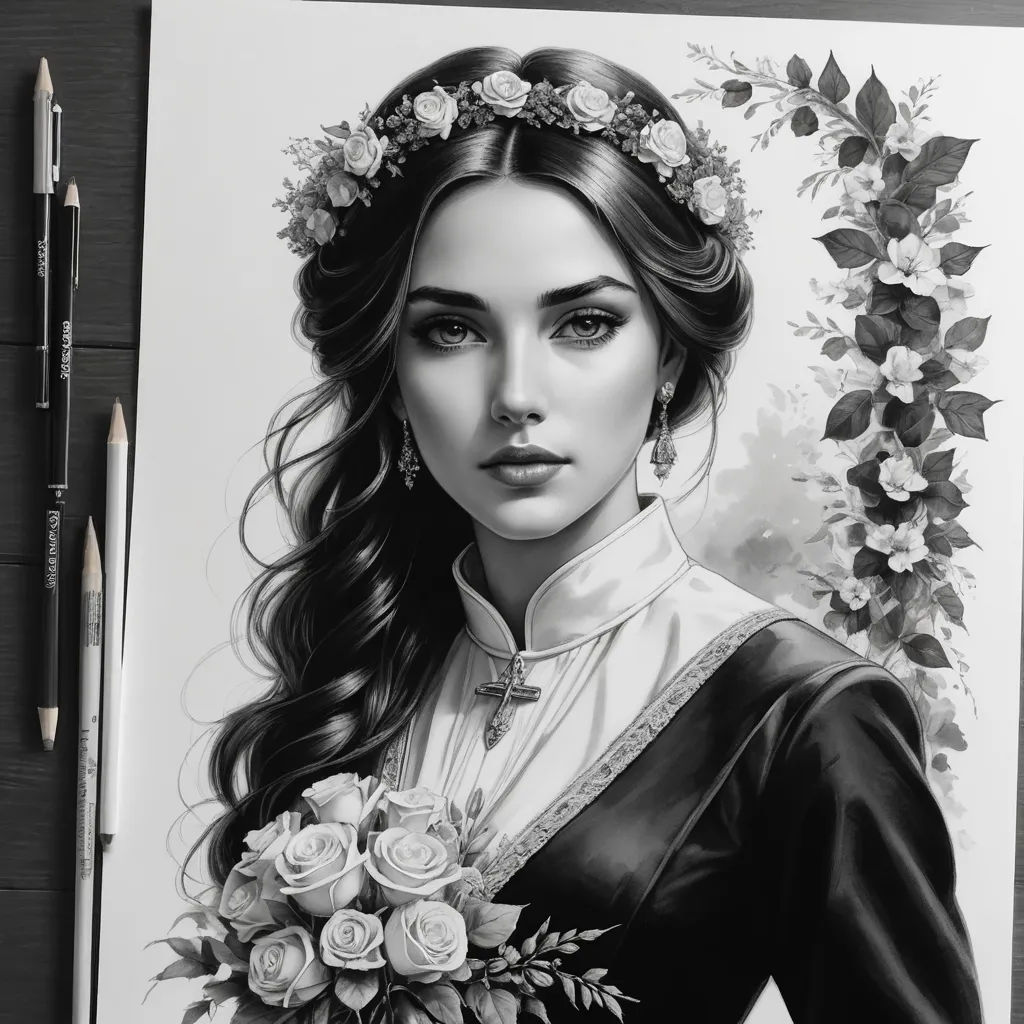 a drawing of a woman with flowers in her hair and a necklace on her neck and a flower in her hair, gothic art, a detailed drawing, Artgerm, detailed drawing