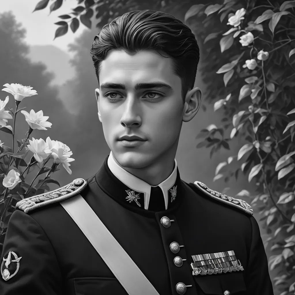 a man in a military uniform standing next to a bush of flowers and a bush of trees with white flowers, sots art, a photorealistic painting, Alejandro Burdisio, ultra realistic illustration