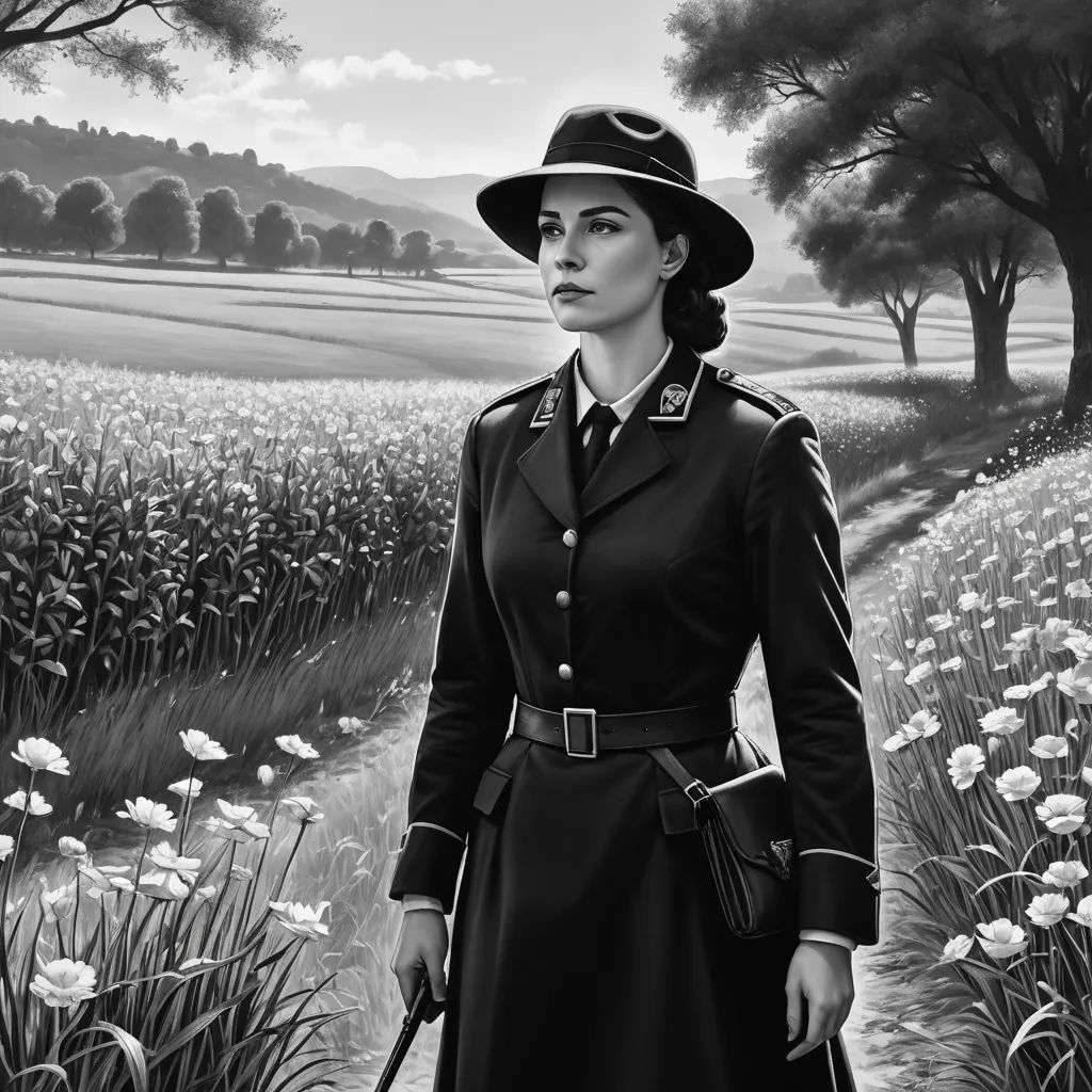 a woman in a uniform standing in a field of flowers with a cane in her hand and a dog in her hand, serial art, an ultrafine detailed painting, Ada Hill Walker, official art