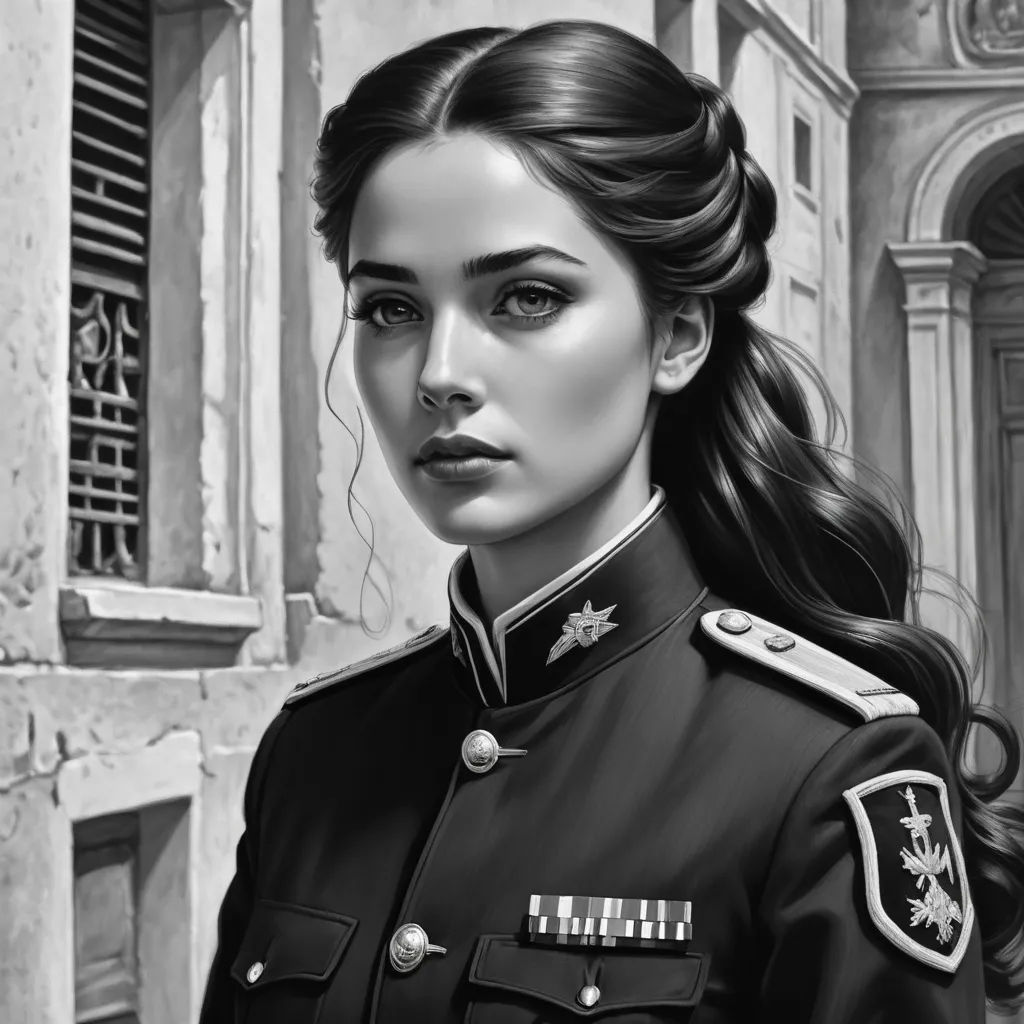 a woman in a uniform is standing in front of a building and looking at the camera with a serious look on her face, photorealism, an ultrafine detailed painting, Charlie Bowater, highly detailed digital painting