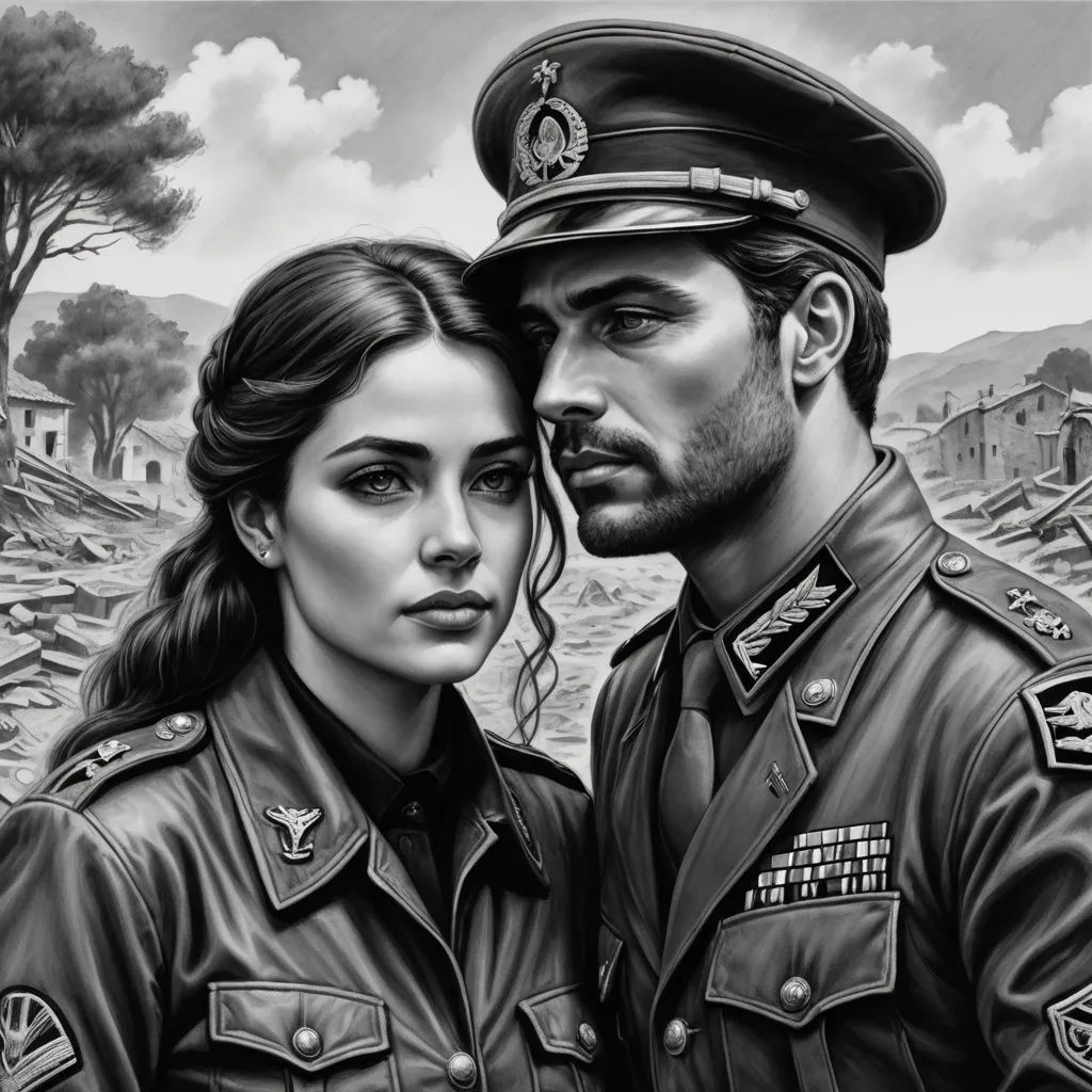 a man and woman in military uniforms are standing together in front of a destroyed building and trees, with a man in the background, serial art, an ultrafine detailed painting, David Palumbo, highly detailed digital painting