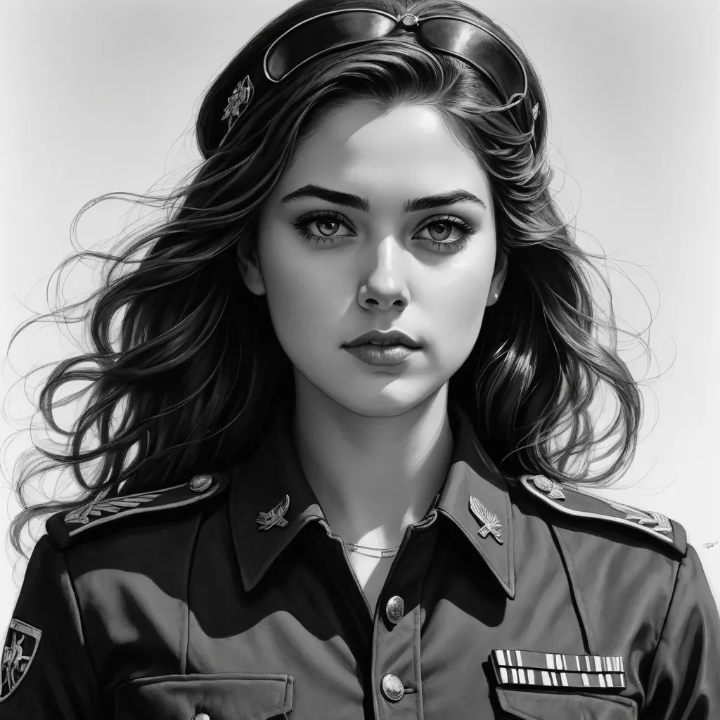 a black and white drawing of a woman in uniform with long hair and glasses on her head, looking to the side, photorealism, a photorealistic painting, Artgerm, highly detailed digital painting