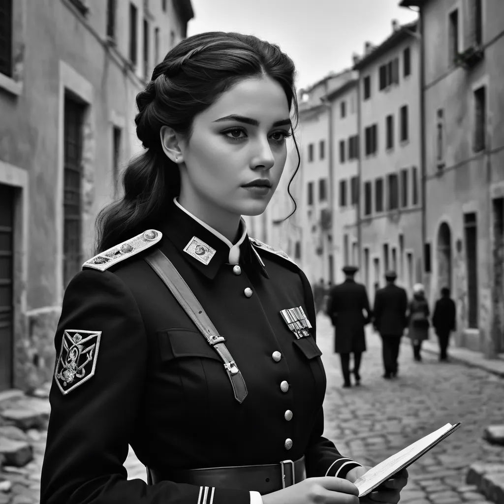 a woman in a uniform is standing on a street corner with a book in her hand and a man in the background, aestheticism, a black and white photo, Elina Karimova, dieselpunk