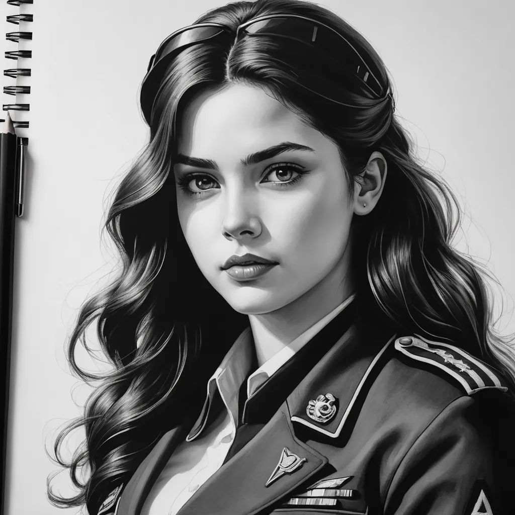 a drawing of a woman in uniform with a pencil in her hand and a pen in her other hand, photorealism, a photorealistic painting, Artgerm, photorealistic portrait