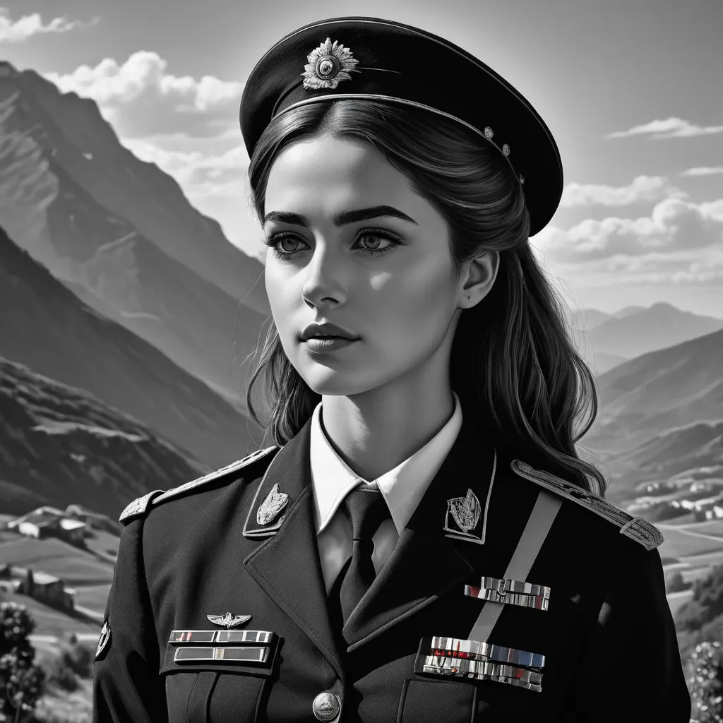 a woman in a military uniform standing in front of mountains and a valley with a valley in the background, photorealism, an ultrafine detailed painting, Elina Karimova, highly detailed digital painting