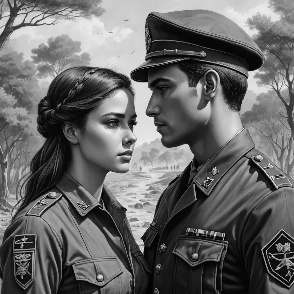 a man and woman in military uniforms standing next to each other in front of a river and trees, with a man in the background, sots art, an ultrafine detailed painting, David Palumbo, highly detailed digital painting