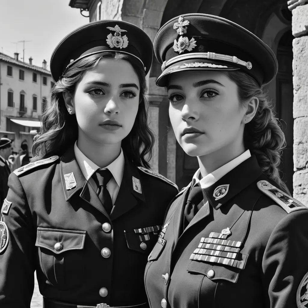 two women in uniform standing next to each other in front of a building with a clock on it's side, aestheticism, a black and white photo, Araceli Gilbert, vfx