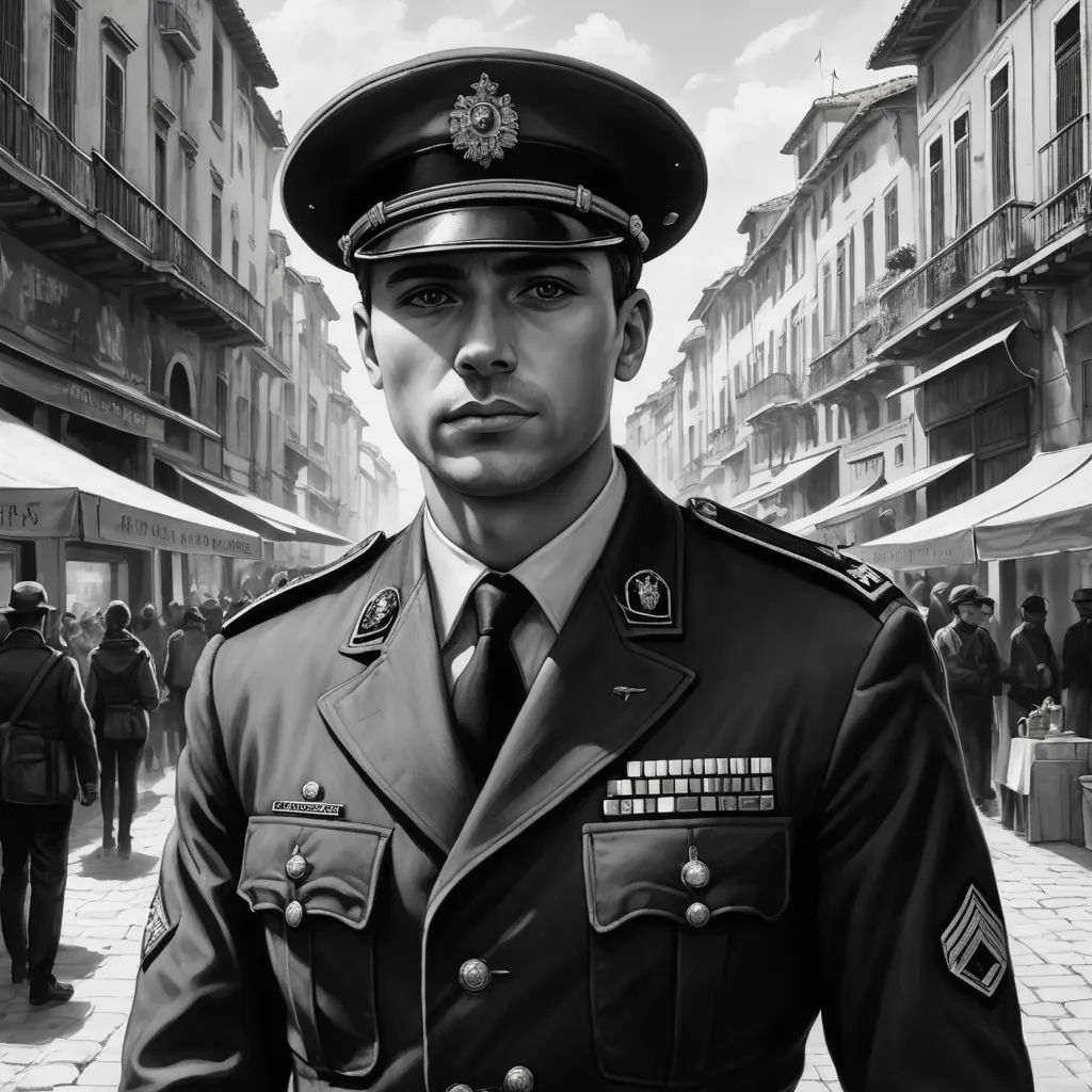 a man in a military uniform standing in a street with people walking around him and buildings in the background, photorealism, an ultrafine detailed painting, David Palumbo, highly detailed digital painting