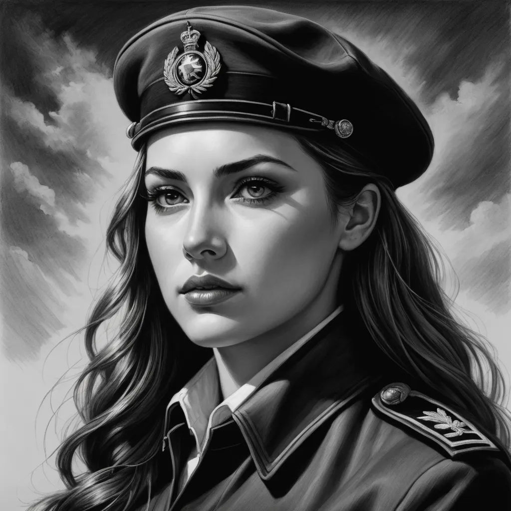 a drawing of a woman in a uniform with a cloudy background and a sky in the background, with a black and white background, figurative art, an ultrafine detailed painting, Artgerm, highly detailed digital painting