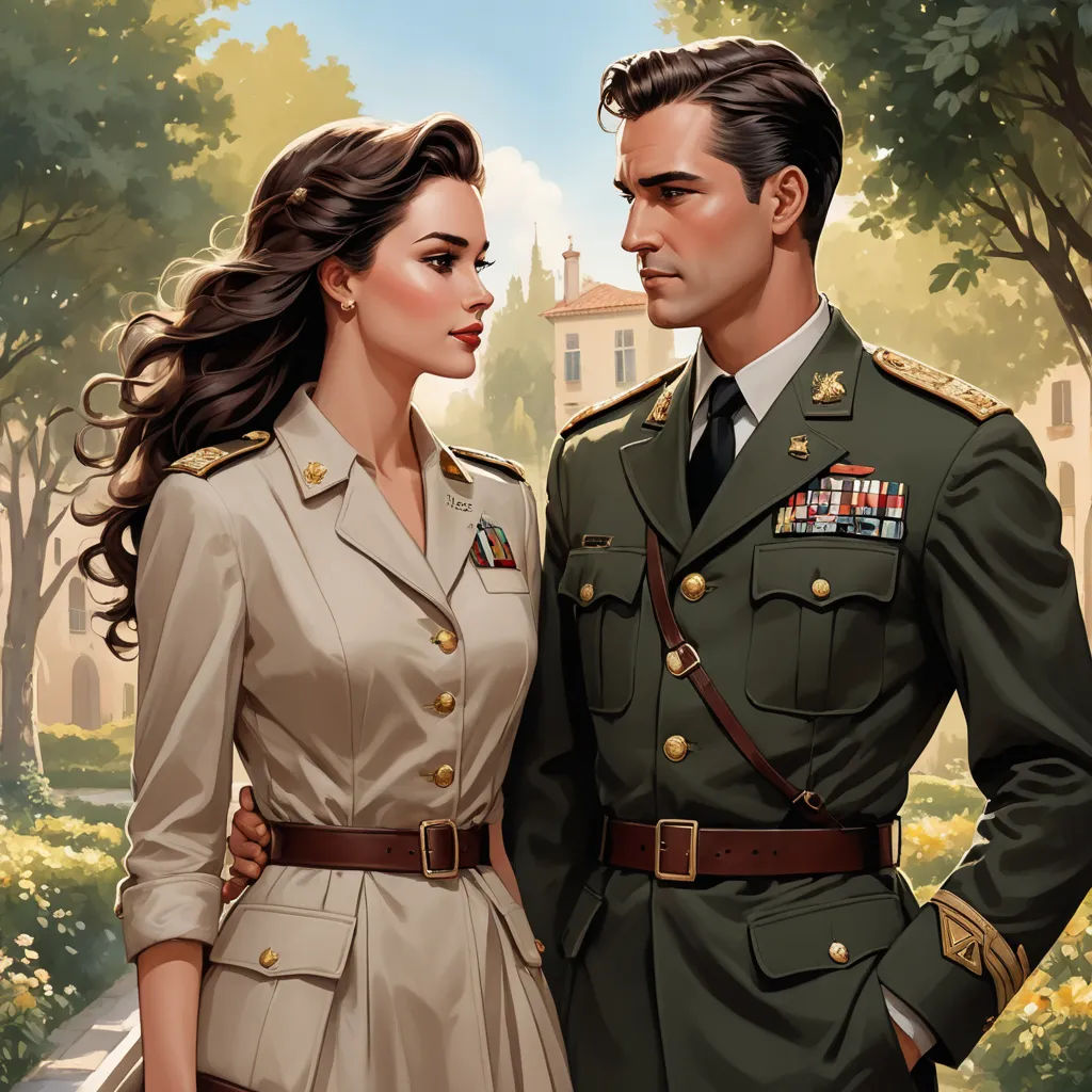 a painting of a man and a woman in military uniforms standing next to each other in a park with trees and flowers, sots art, a detailed painting, Edwin Georgi, stanley artgerm lau