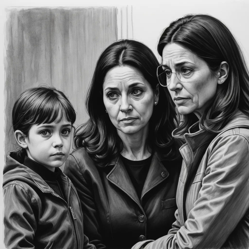 a drawing of a woman and two children looking at something in the distance with a sad look on their face, american scene painting, an ultrafine detailed painting, David Palumbo, highly detailed digital painting