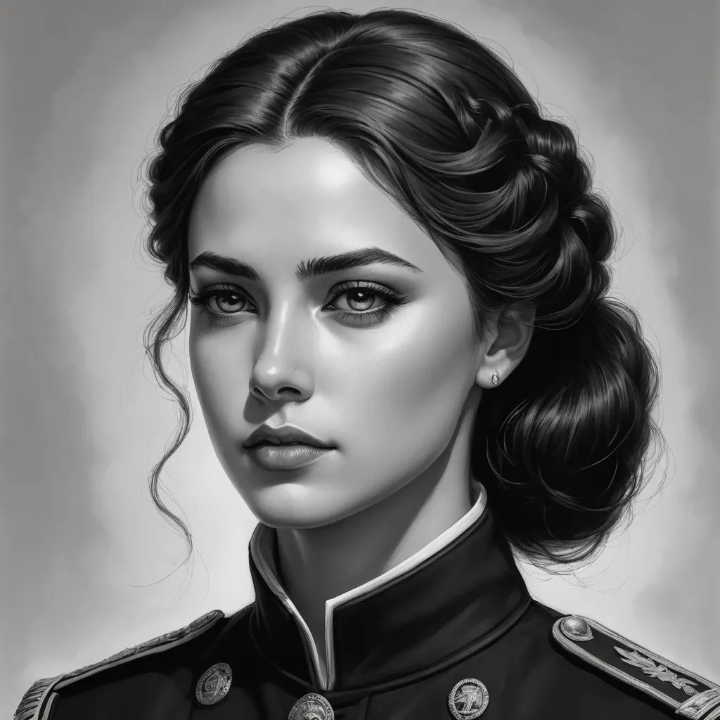 a drawing of a woman in uniform with a ponytail in her hair and a bun in her hair, looking to the side, fantasy art, an ultrafine detailed painting, Charlie Bowater, detailed portrait