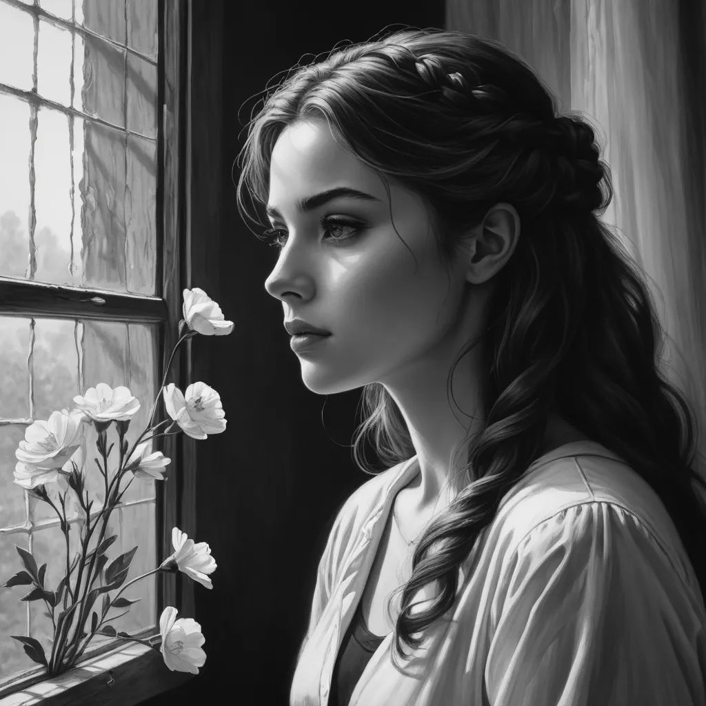a woman looking out a window with a flower in her hand and a flower in her other hand, in front of a window, gothic art, an ultrafine detailed painting, Charlie Bowater, detailed painting