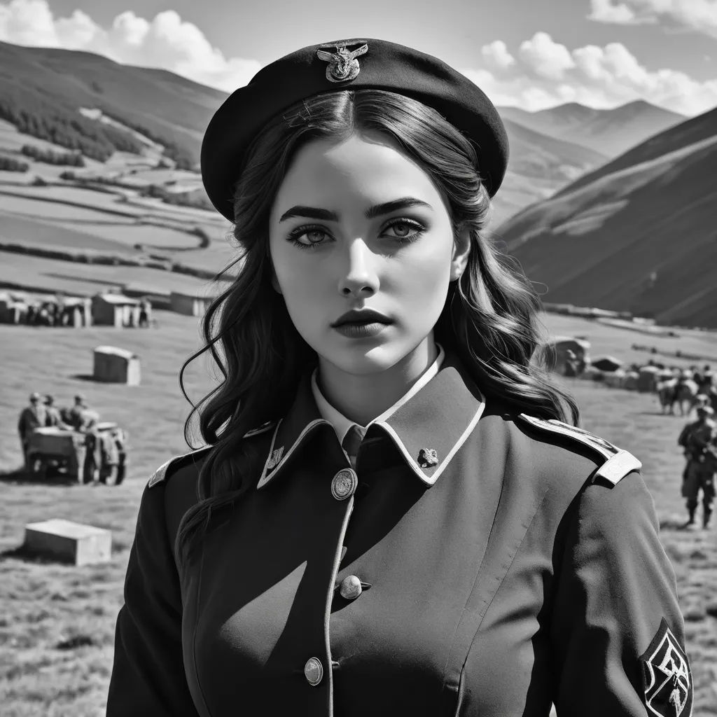 a woman in a uniform standing in a field with a group of people behind her and a mountain in the background, aestheticism, a black and white photo, Elina Karimova, girl