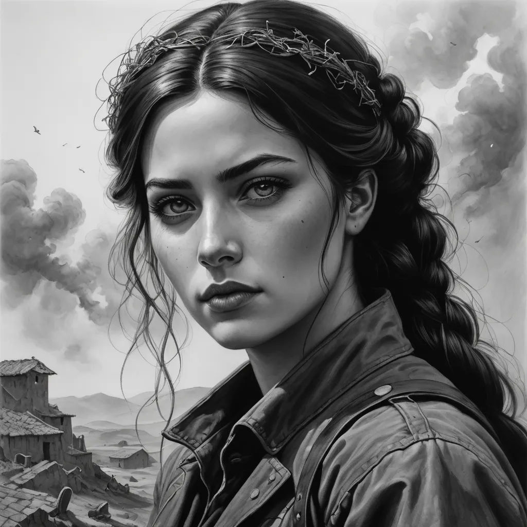 a drawing of a woman with a braid in her hair and a black jacket on her shoulders, looking at the camera, fantasy art, an ultrafine detailed painting, Charlie Bowater, stanley artgerm lau