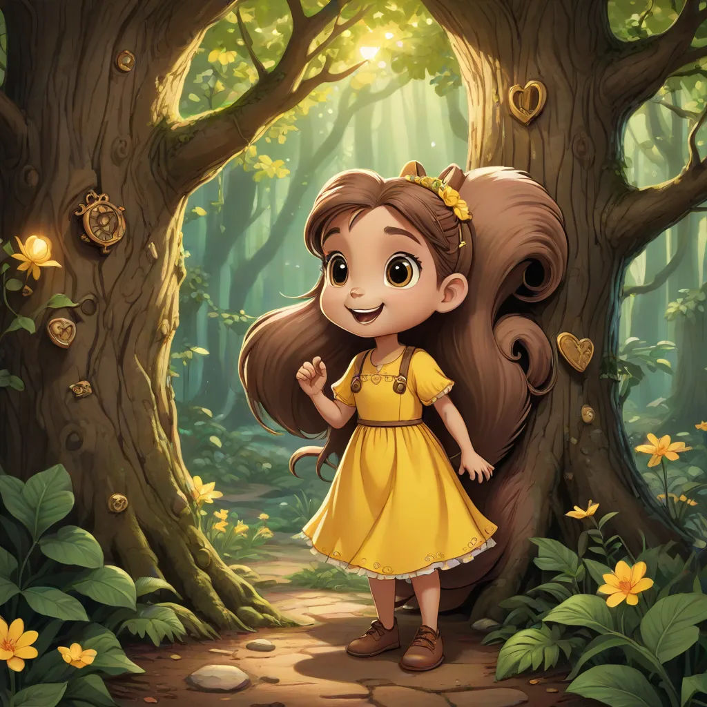 a girl in a yellow dress standing in a forest with a squirrel on her back and a squirrel on her back, a storybook illustration, Clarice Beckett, fantasy art, official art