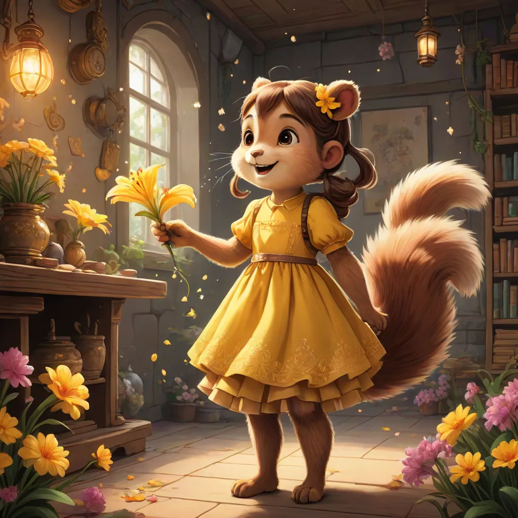 a cartoon girl in a yellow dress holding a flower in a room with flowers and a bookcase in the background, a storybook illustration, Chris LaBrooy, furry art, official art