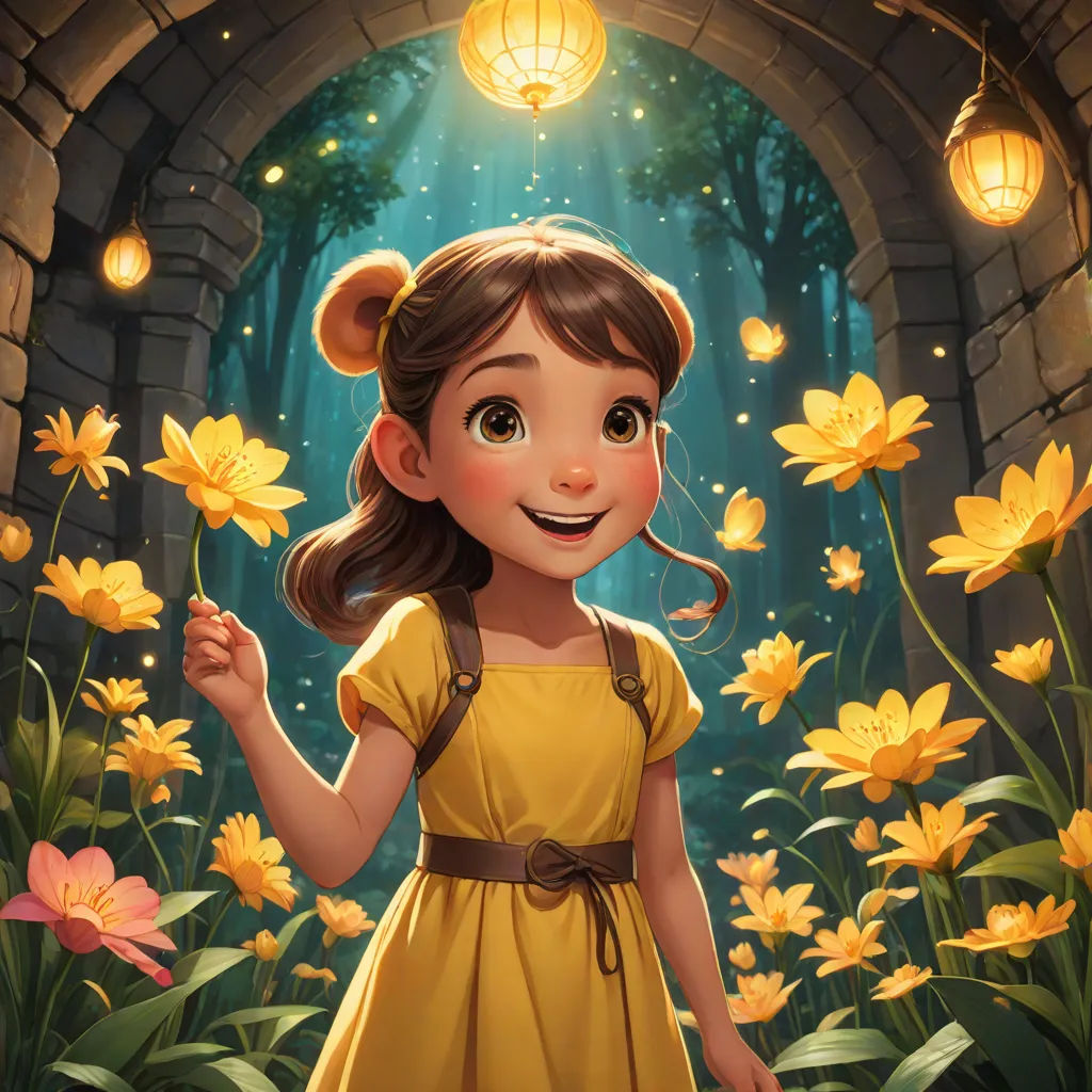 a girl in a yellow dress standing in a garden with yellow flowers and lanterns above her head and a light above her head, a storybook illustration, Clint Cearley, fantasy art, rossdraws global illumination