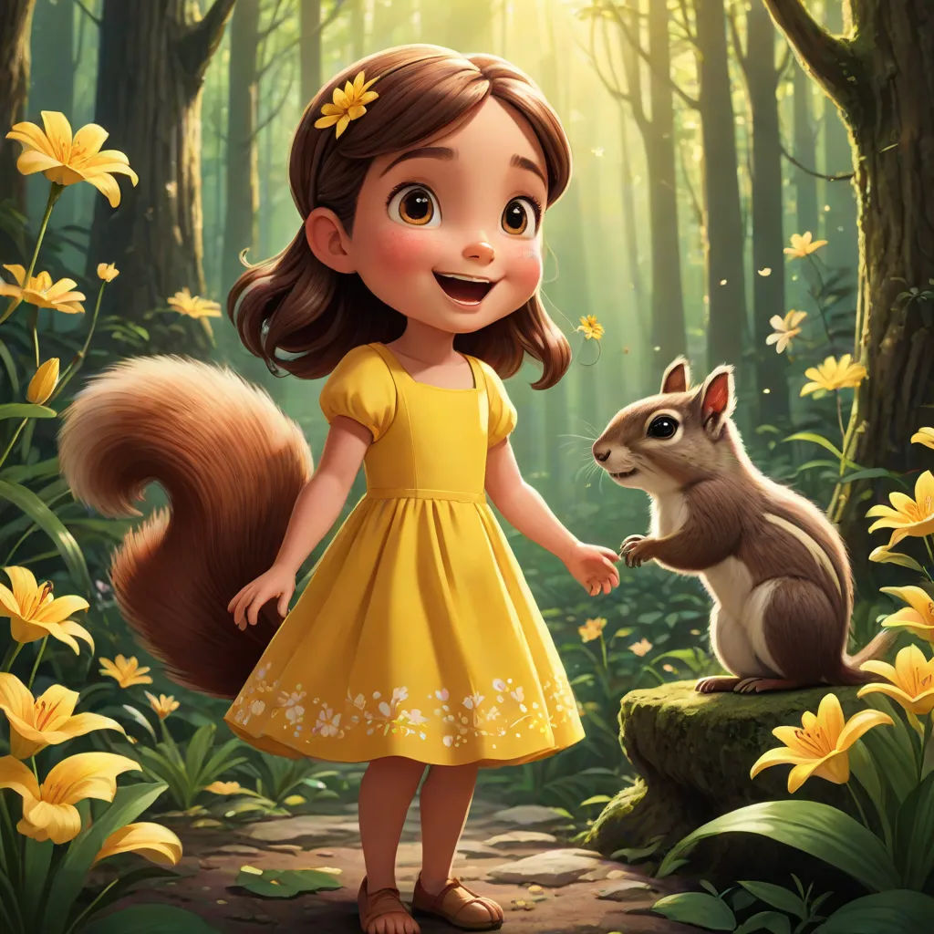a girl in a yellow dress standing next to a squirrel in a forest with yellow flowers and trees in the background, a storybook illustration, Anne Said, furry art, promotional image