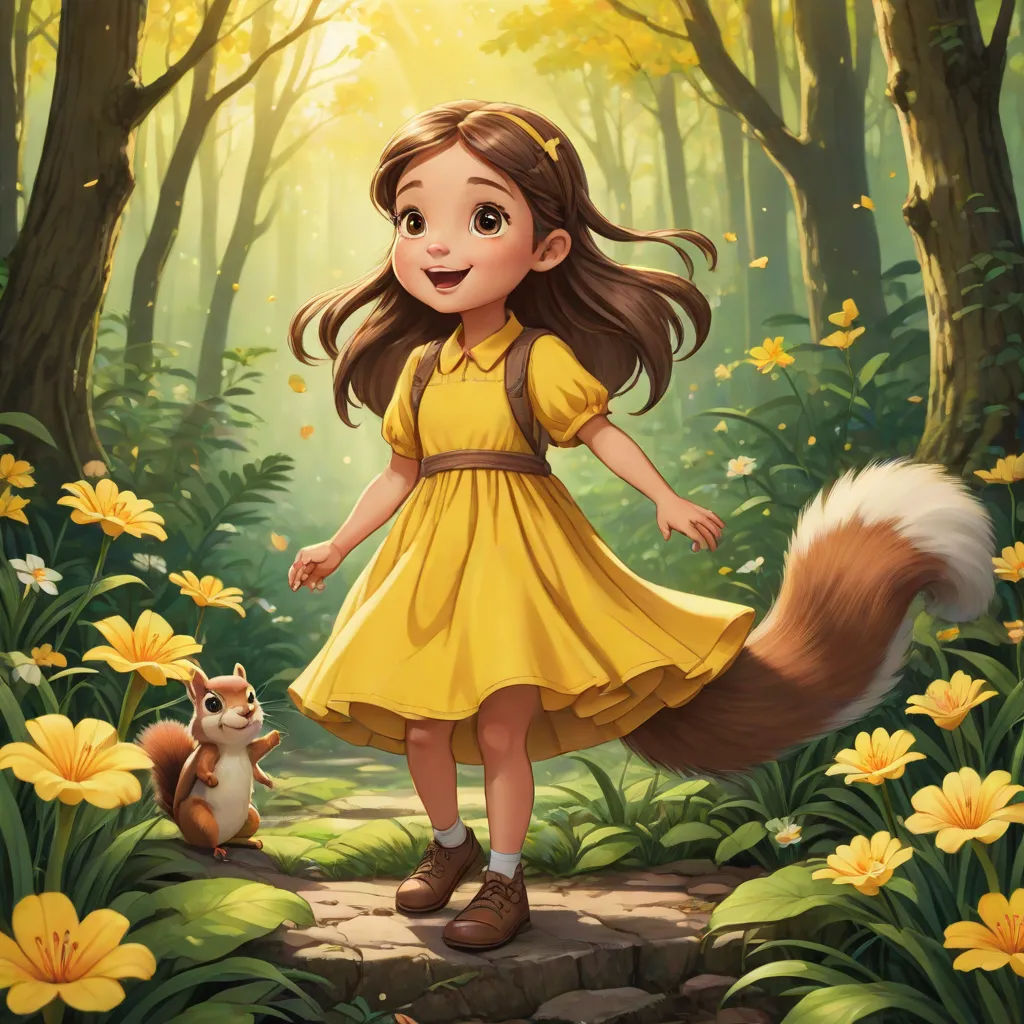 a girl in a yellow dress is walking through a forest with a squirrel and a squirrel on a path, a storybook illustration, Alice Prin, furry art, official art