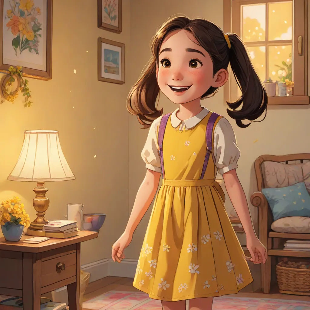 a girl in a yellow dress standing in a room with a lamp and a table with a lamp on it, a storybook illustration, Chen Hong, american scene painting, rossdraws global illumination
