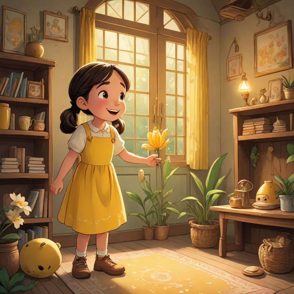 a little girl holding a flower in a room with a yellow rug and a yellow rug on the floor, a storybook illustration, Chris LaBrooy, art & language, rossdraws global illumination