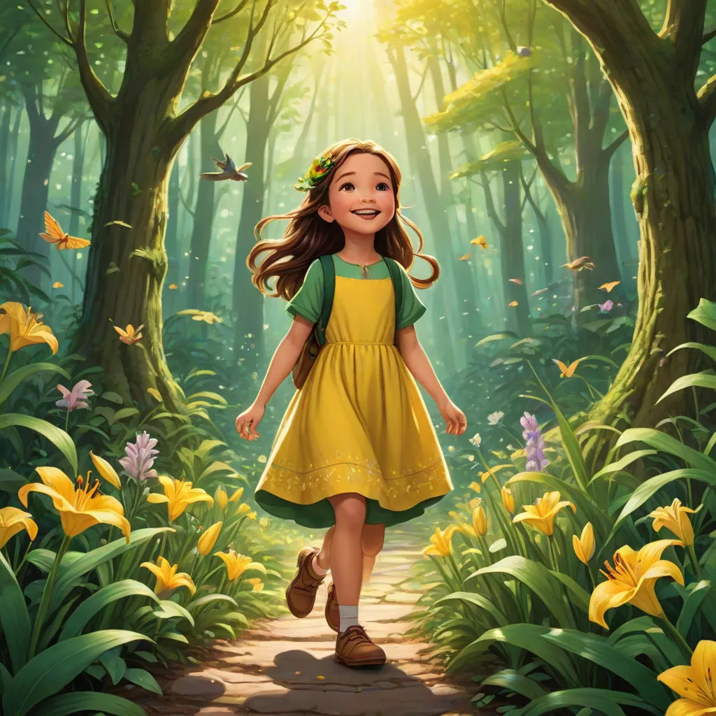 a painting of a girl walking through a forest with yellow flowers and butterflies in her hair and a green dress, a storybook illustration, Alice Prin, magical realism, promotional image