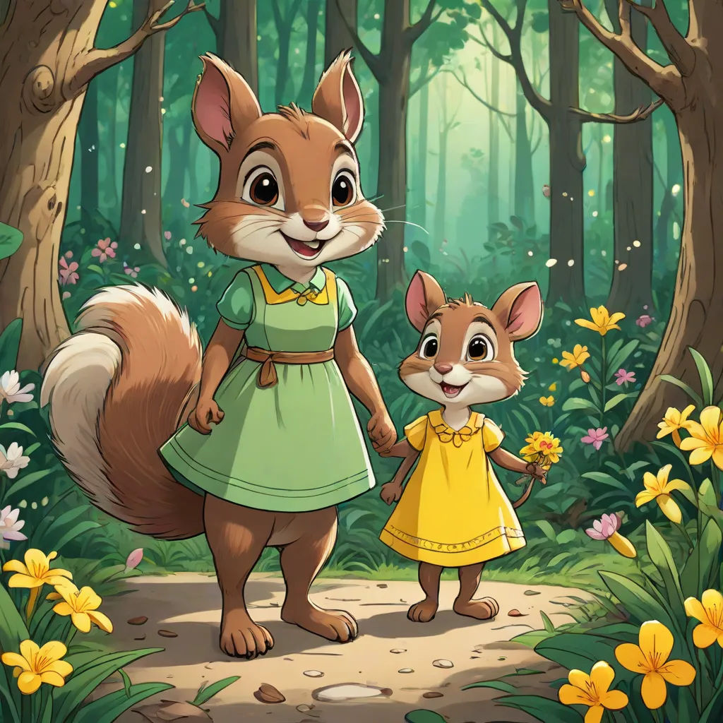 a little girl and a squirrel in the woods with flowers on the ground and trees in the background,, a storybook illustration, Chippy, furry art, promotional image