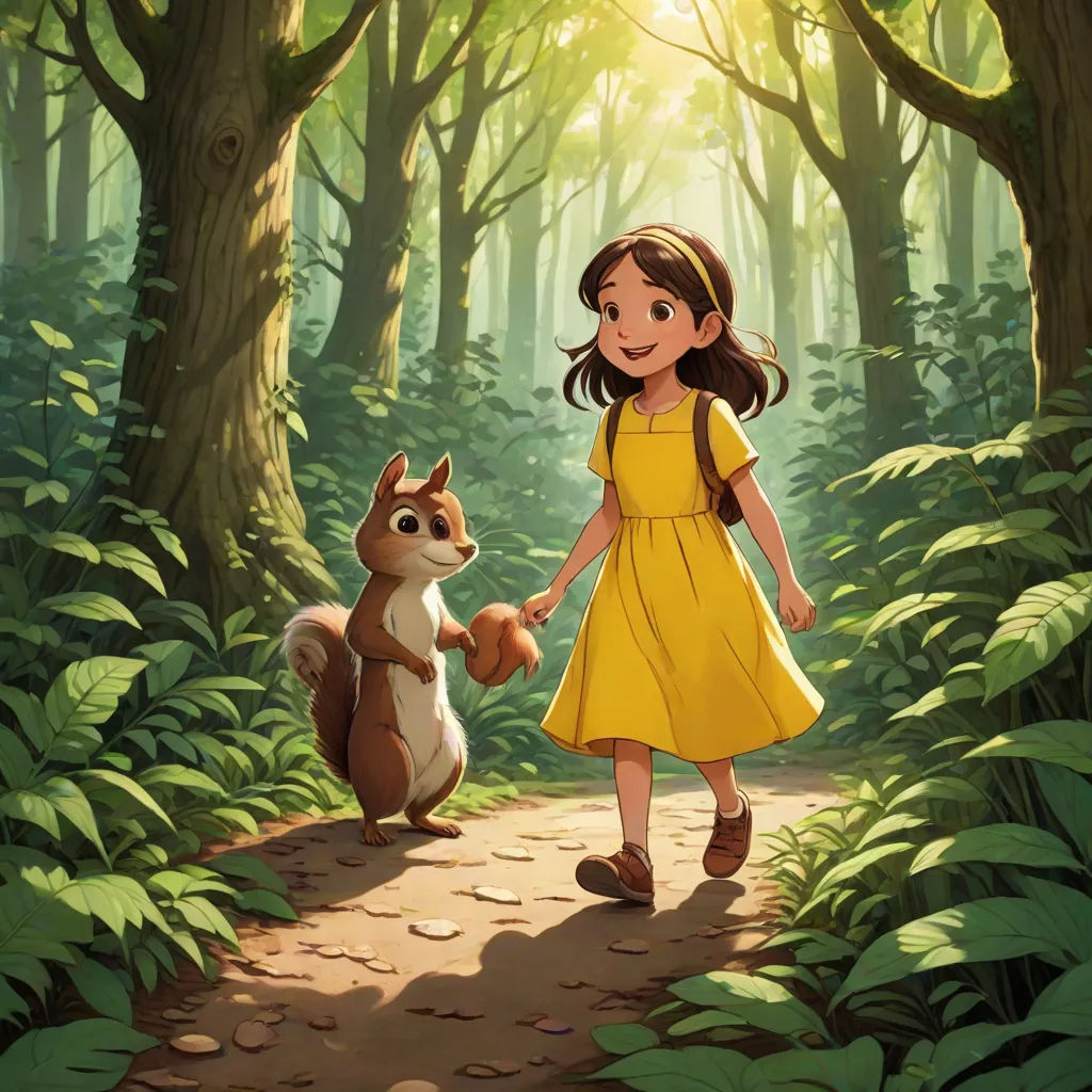 a girl in a yellow dress is walking with a squirrel in a forest with trees and leaves on the ground, a storybook illustration, Clarice Beckett, furry art, official art
