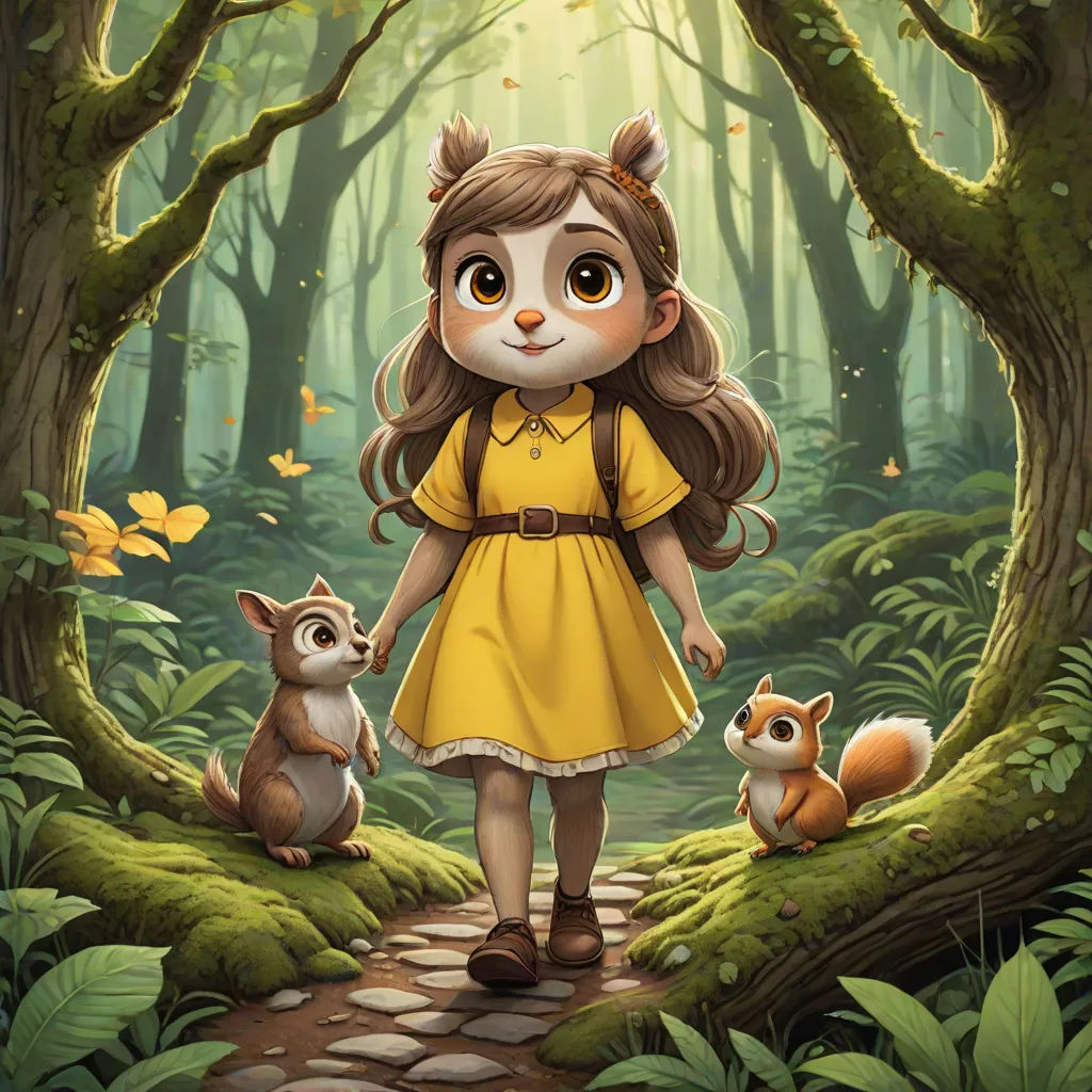 a girl in a yellow dress is walking with two squirrels in a forest with trees and grass and a path, a storybook illustration, Chris LaBrooy, furry art, key art