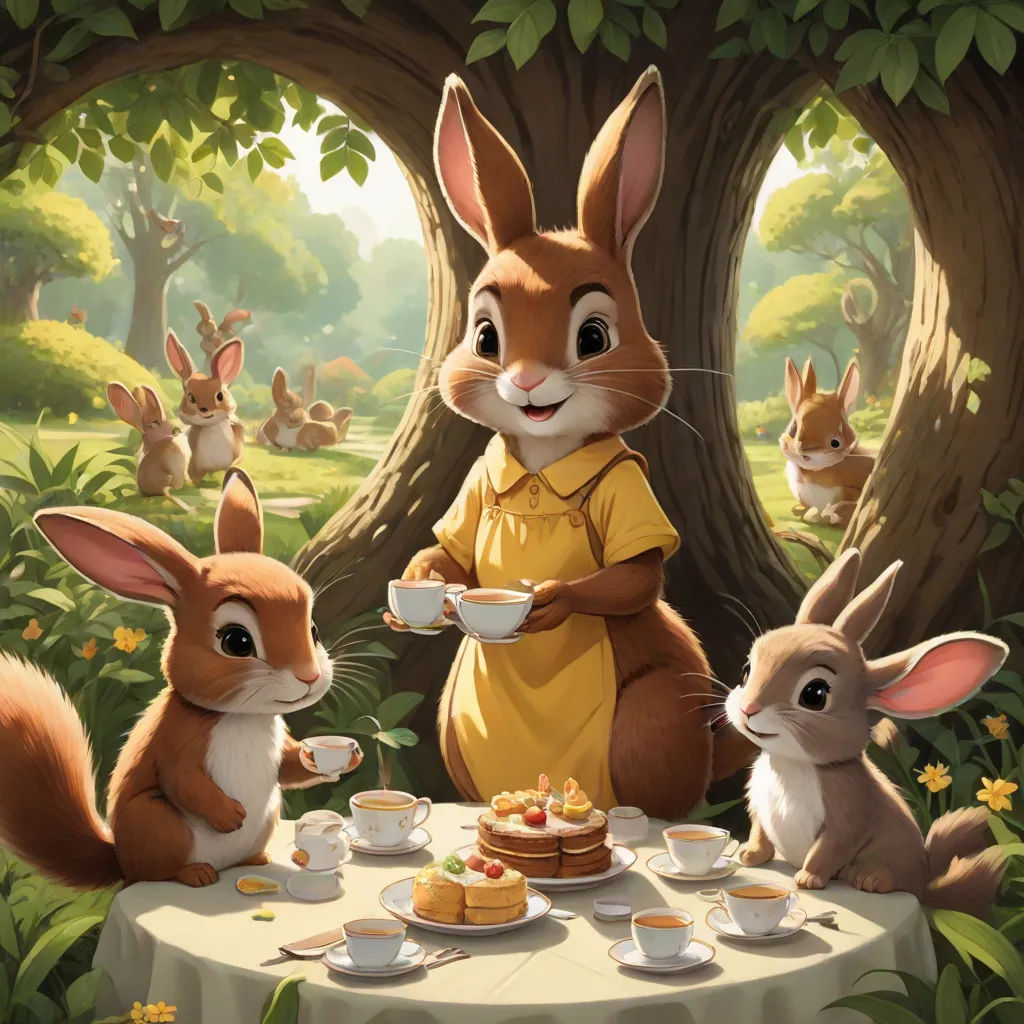a painting of a rabbit and rabbits having tea together in a forest with tea cups and cakes on a table, a storybook illustration, Chris LaBrooy, furry art, official art