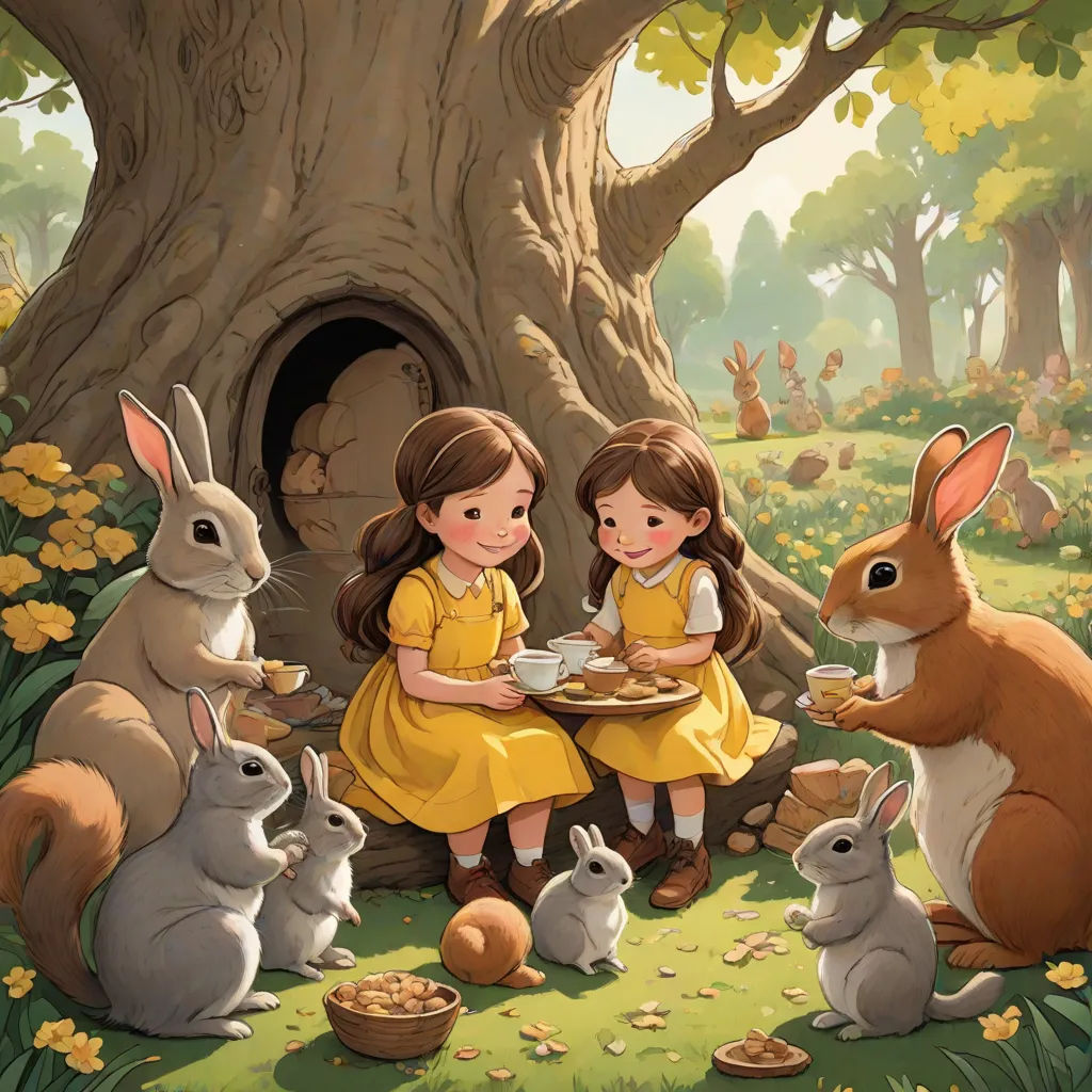a painting of two girls sitting in a forest with rabbits eating food from a plate and a tree with yellow flowers, a storybook illustration, Aaron Jasinski, fantasy art, storybook illustration