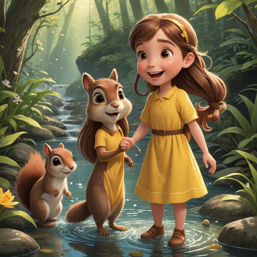 a girl in a yellow dress standing next to a squirrel in a forest with a stream of water and flowers, a storybook illustration, Chris LaBrooy, furry art, official art