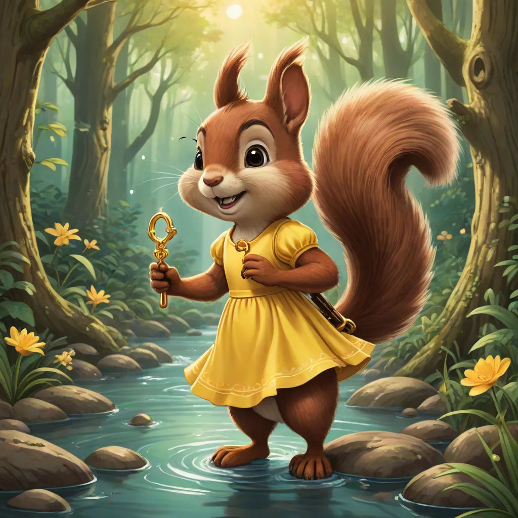 a squirrel holding a key in a forest with flowers and rocks on the ground and a stream running through it, a character portrait, Chris LaBrooy, furry art, key art