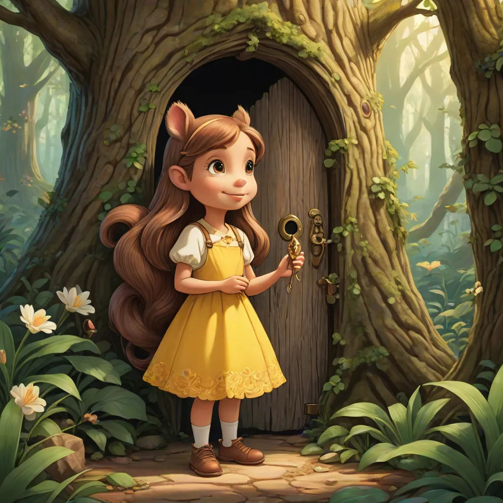 a girl in a yellow dress holding a key to a door in a forest with a tree trunk and flowers, a storybook illustration, Chris LaBrooy, fantasy art, promotional image