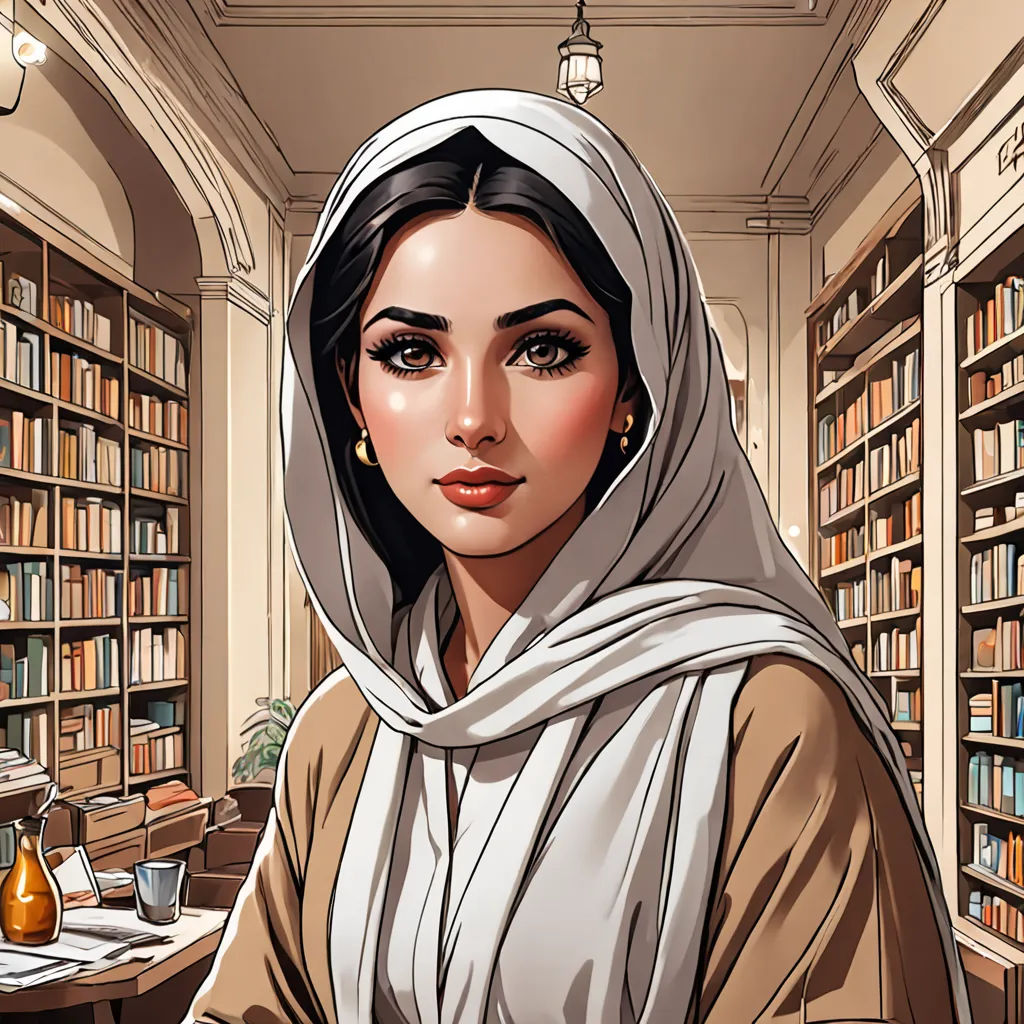 a woman in a library with a bookcase full of books and a lamp hanging from the ceiling and a book case behind her, qajar art, a comic book panel, Amir Zand, high detail illustration