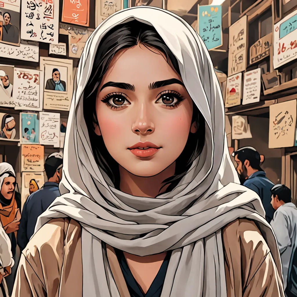 a woman in a scarf standing in front of a crowd of people with signs on the wall behind her, art & language, a comic book panel, Amir Zand, graphic novel